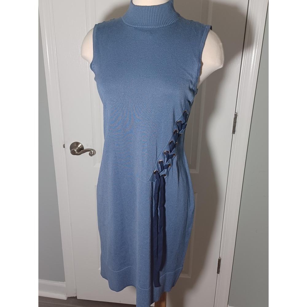 Dress Womens Medium Blue Sweater Mock Neck Sleeveless Lace Up Side Knee Length